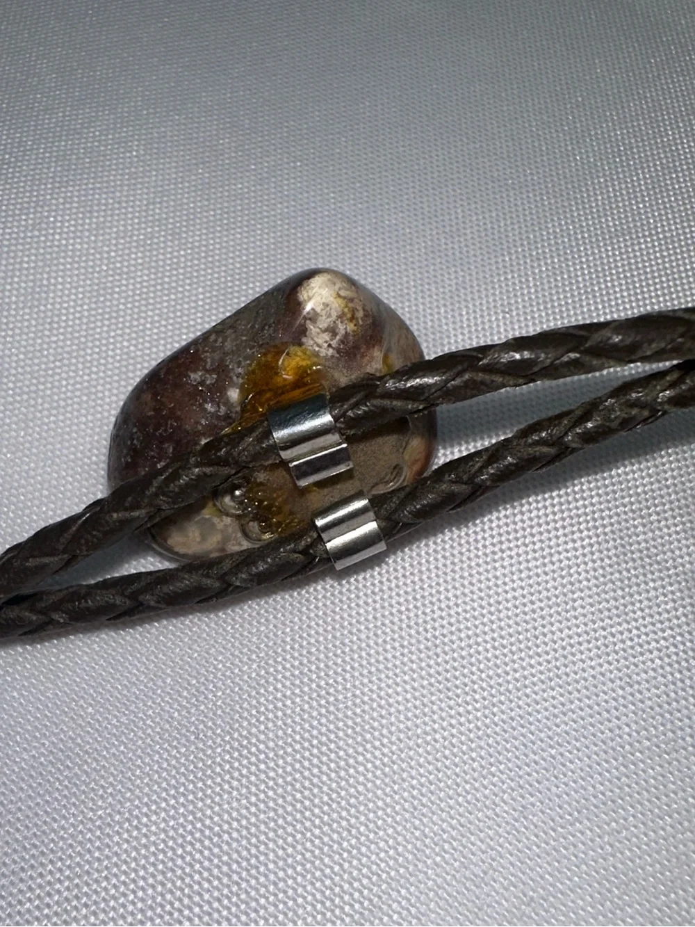 Vintage Polished Banded Agate Gemstone Bolo Tie Brass Tips Western Rockabilly